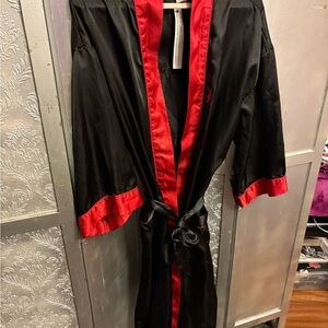 Playboy Bunny VTG 90s y2k Robe Black Red Pockets Satin Full Length Belted L
